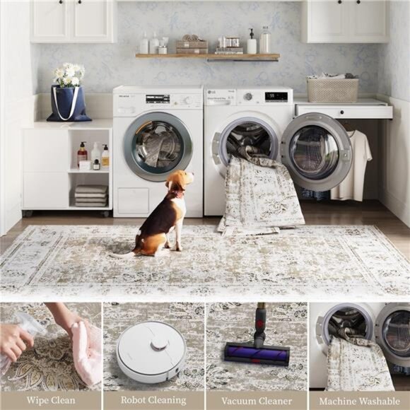 Washable Area Rug 3x5 Low Pile - Entryway Rug Boho Taupe Floral Print Rug - Picture 4 of 7